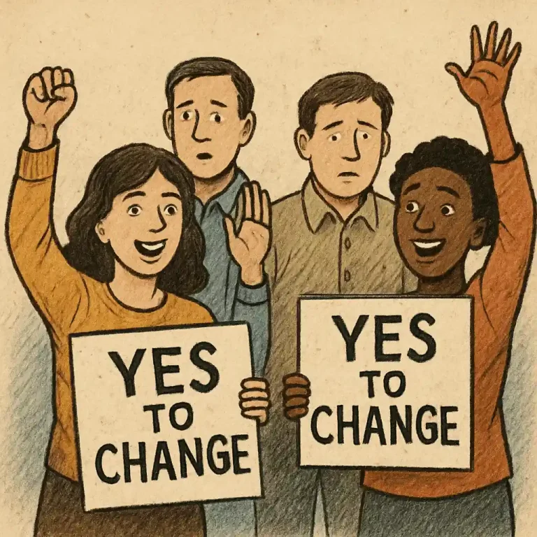 Illustration depicting people raising hands and holding "Yes to Change" signs, highlighting behavioral change management and implementation management challenges.