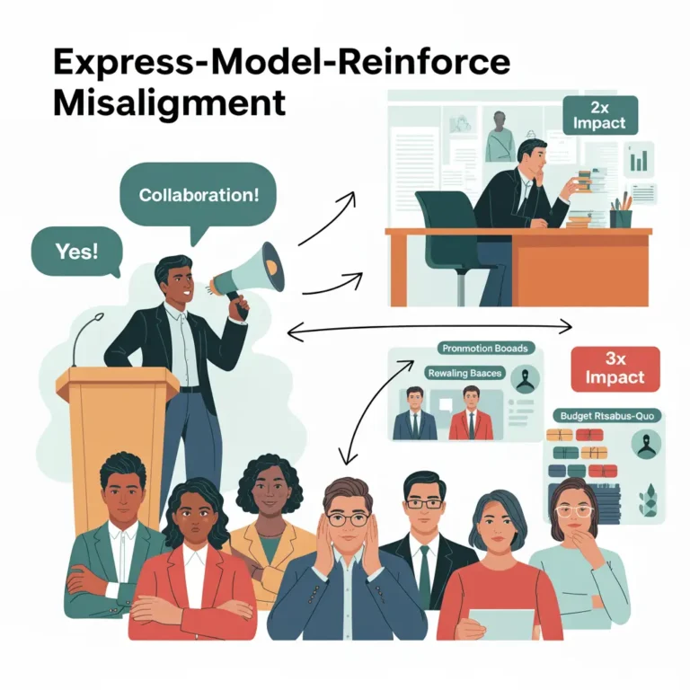 Express-Model-Reinforce framework illustration depicting misalignment in implementation management and change management, with impact analysis.