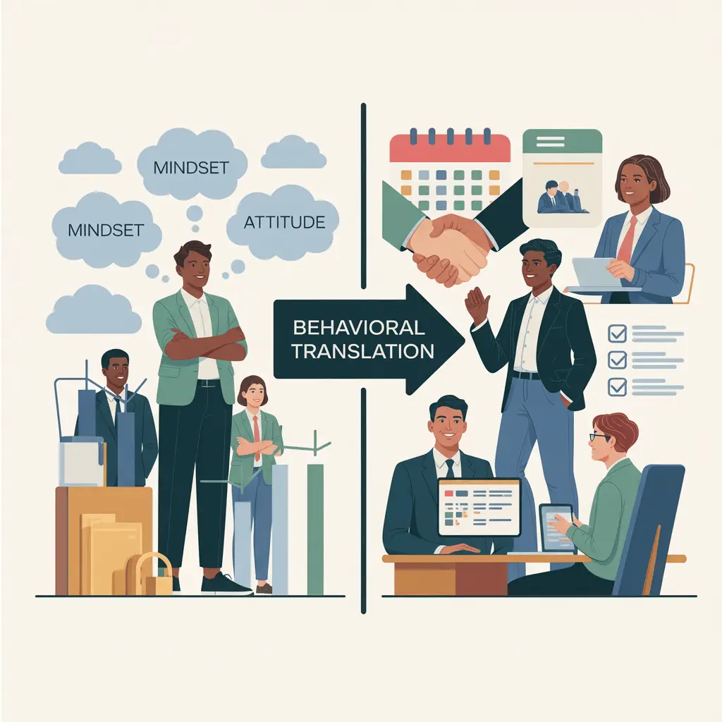 Behavioral translation illustration connecting mindset, attitude, and implementation management for change.