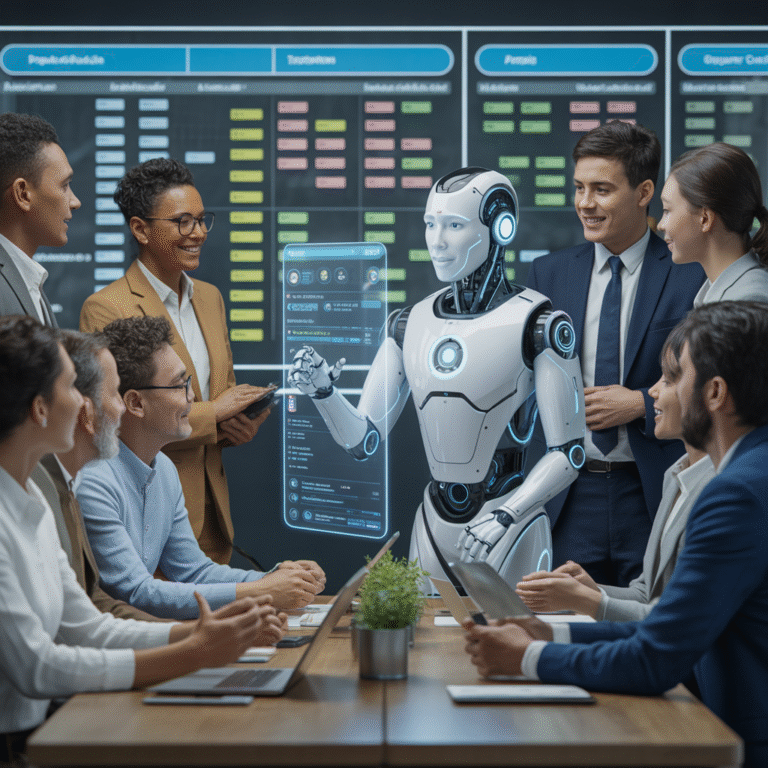 AI robot collaborating with business team on Agile implementation management.