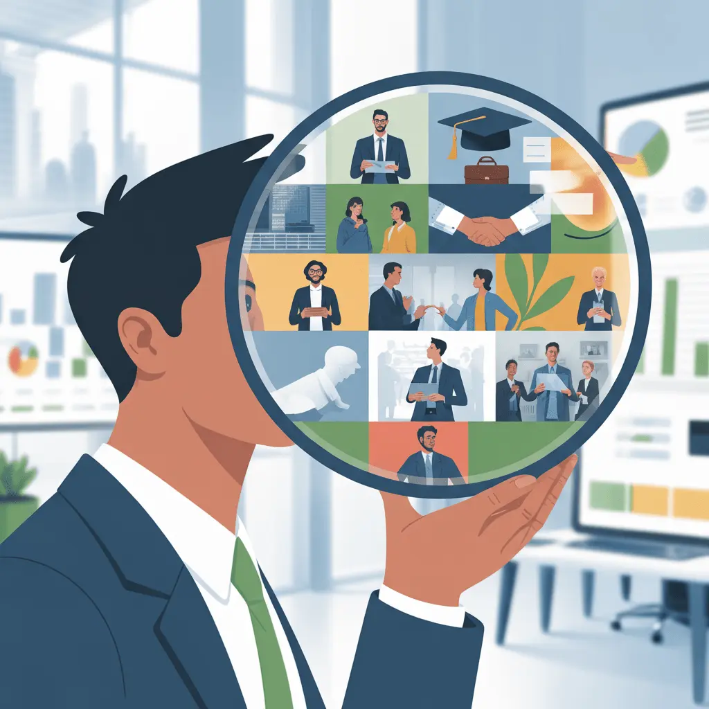 Man holding magnifying glass over diverse team and implementation management visuals.