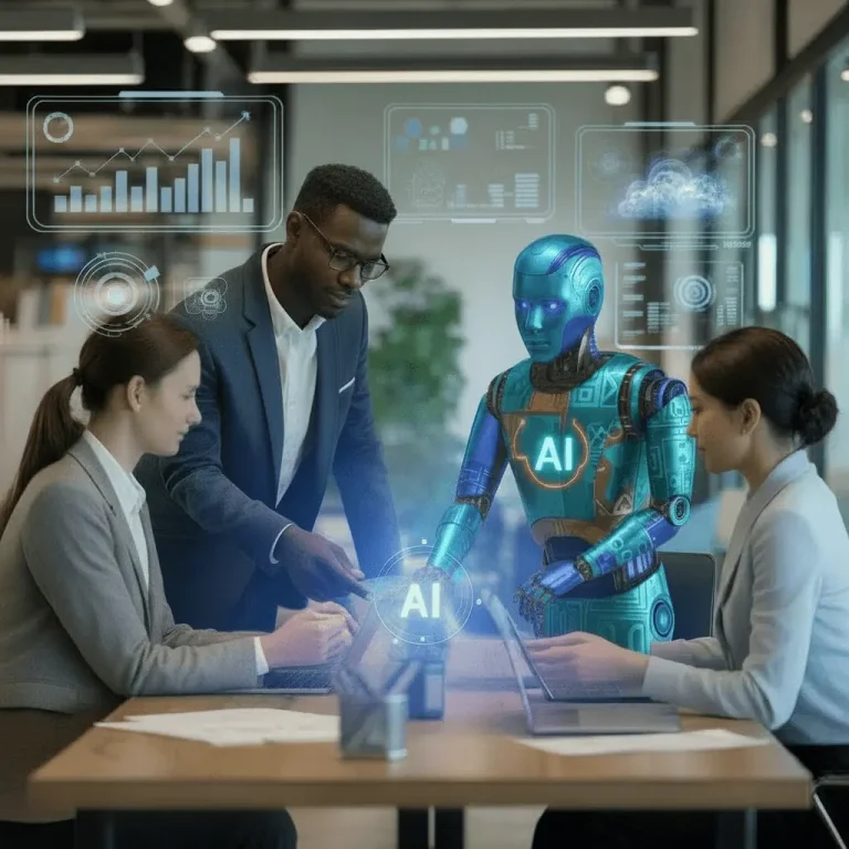 Business professionals collaborating with an AI robot, illustrating managing AI transformation and implementation management.
