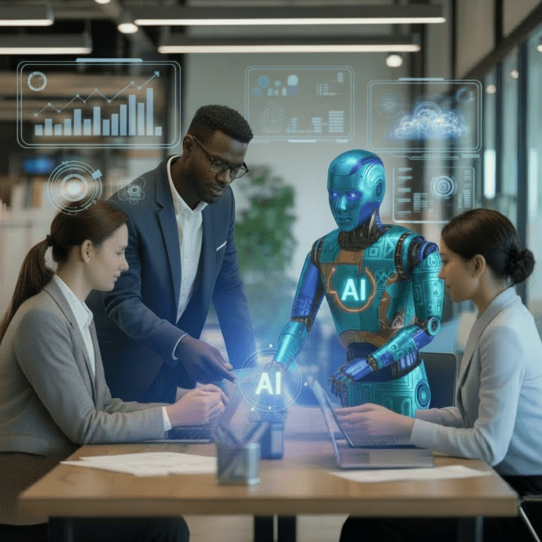 Business professionals collaborating with an AI robot, analyzing data and discussing implementation strategies in a modern office setting.