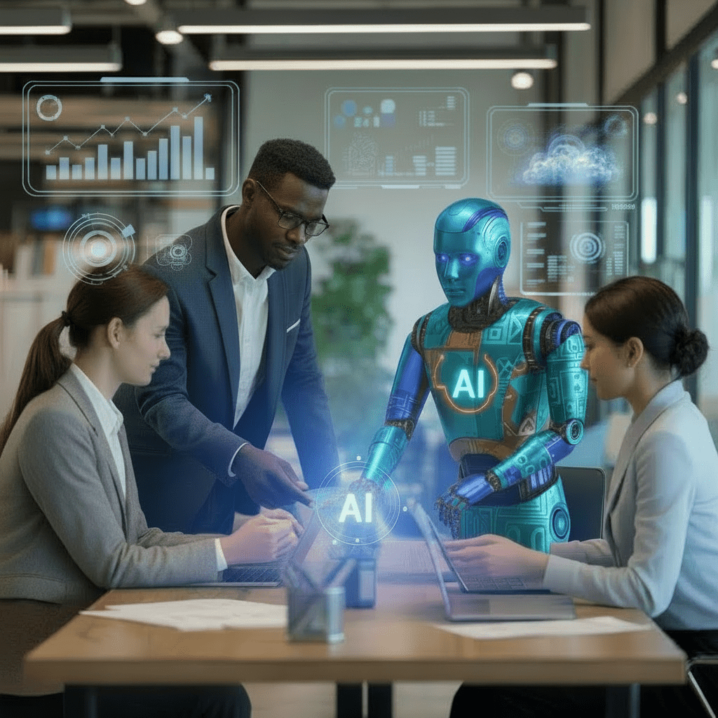 Business team collaborating with AI robot, analyzing data and discussing AI strategies in a modern office setting.