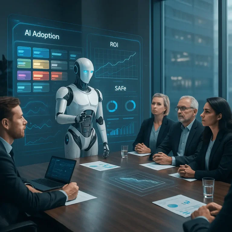Executives meeting with AI system displayed on screen