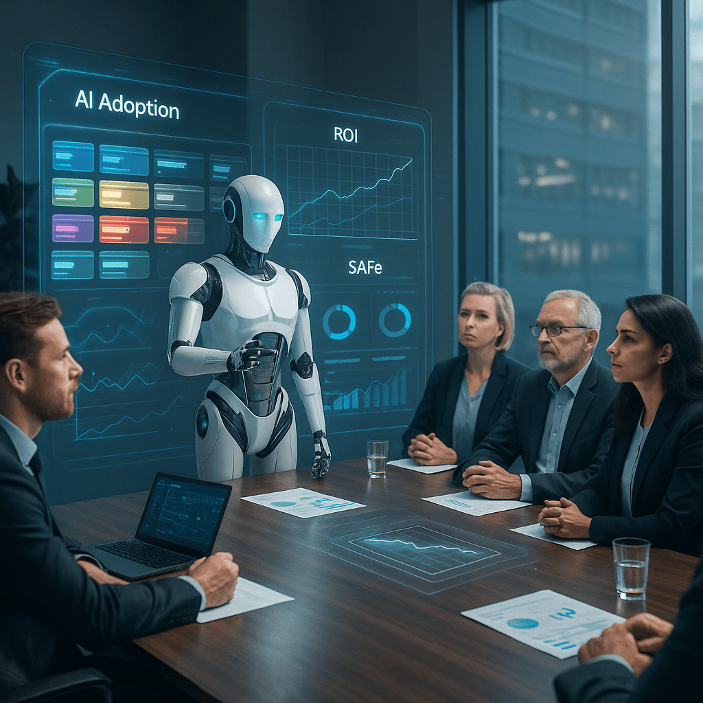 Executives meeting with AI system displayed on screen