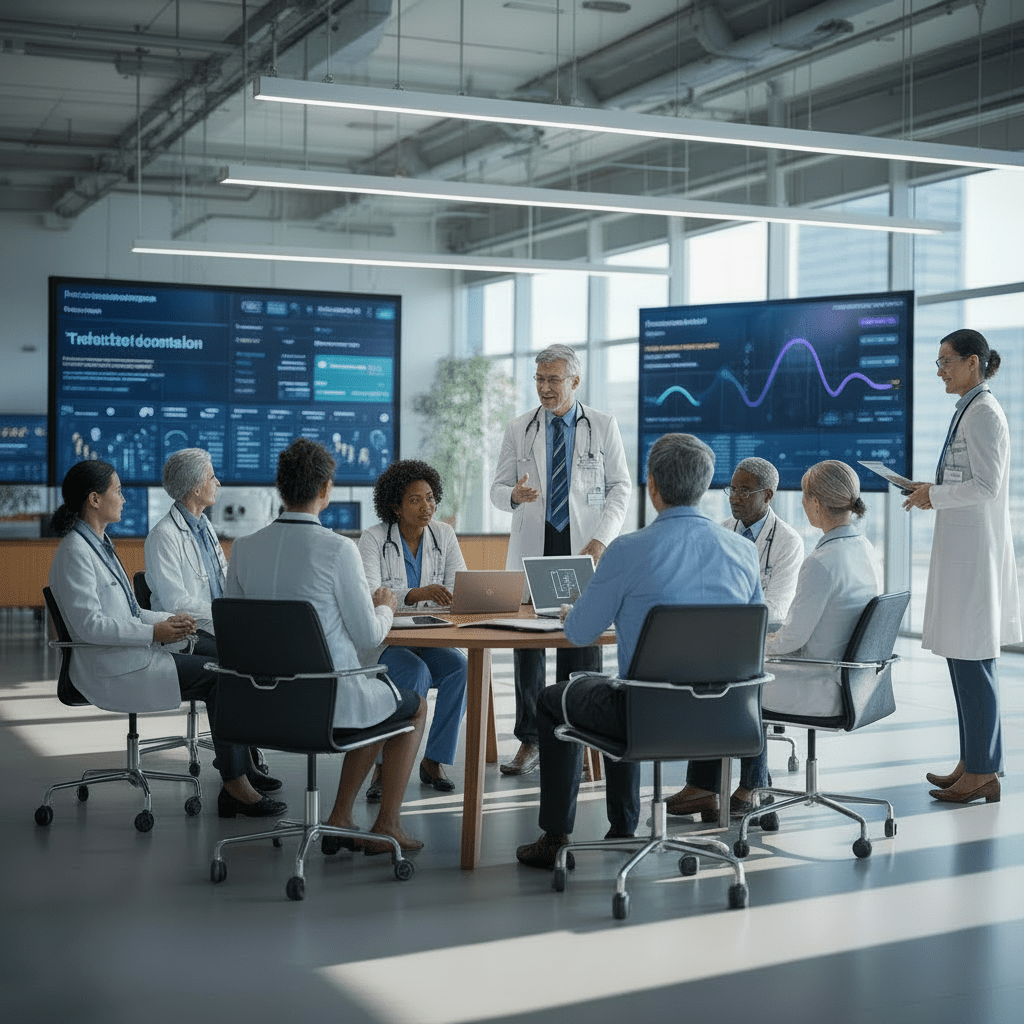 Medical professionals collaborating in a modern conference room, discussing healthcare data and change management strategies.