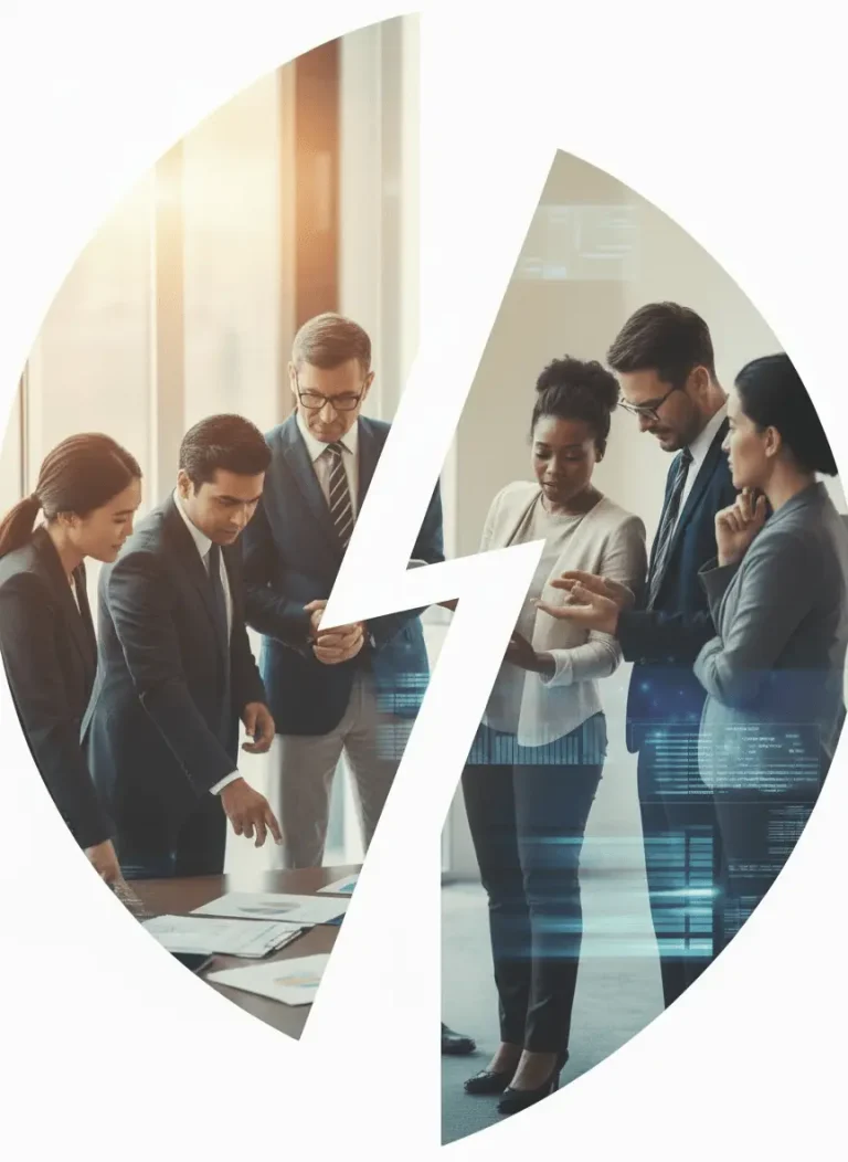 Business team collaborating across transformational change, illustrating implementation management and managing AI transformation.