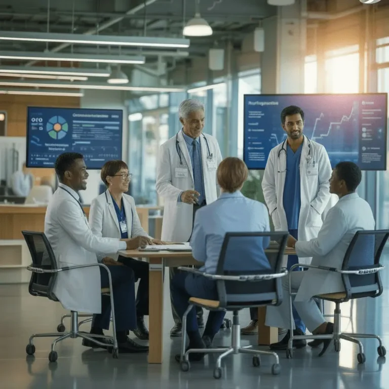 Healthcare professionals discussing implementation management and change strategies in a modern meeting room.