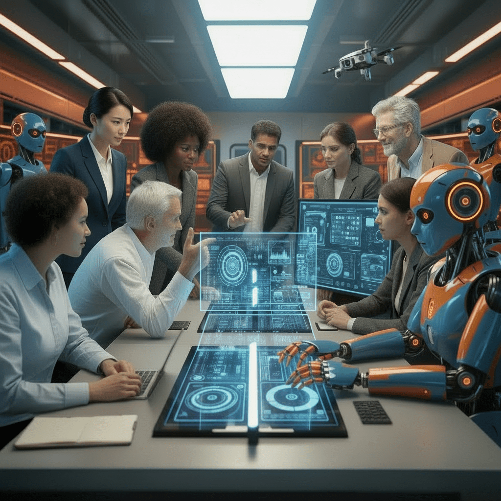Team collaborating in a high-tech meeting room with holographic displays and a humanoid robot, discussing AI oversight.
