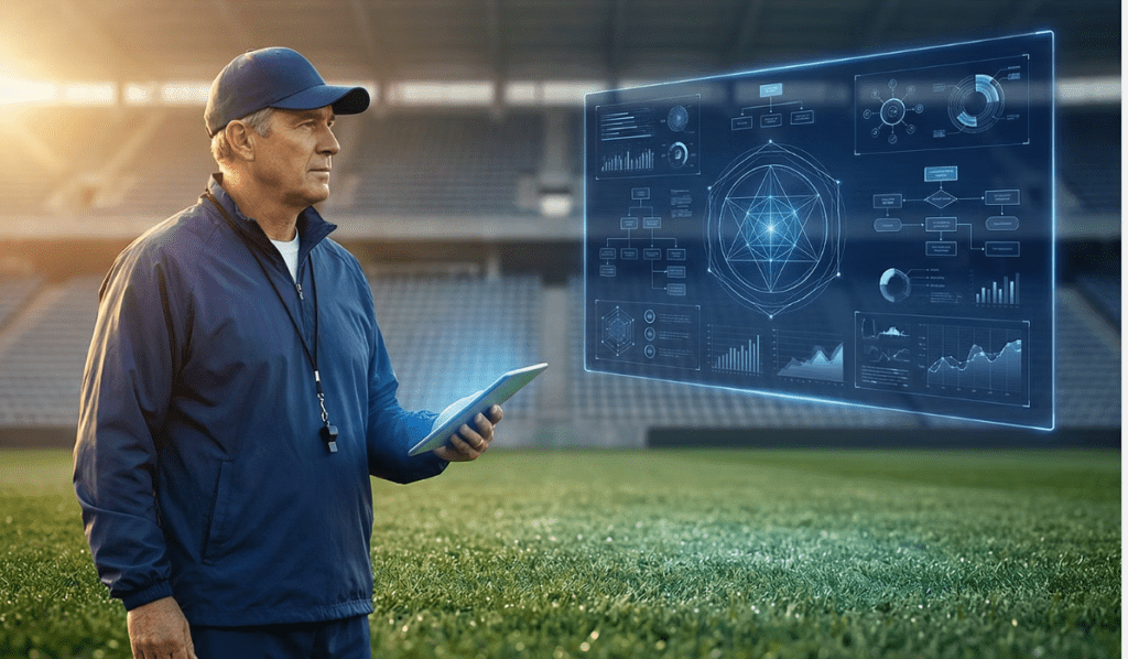 Coach analyzing performance metrics on a tablet in a football stadium, highlighting data-driven strategy in sports.