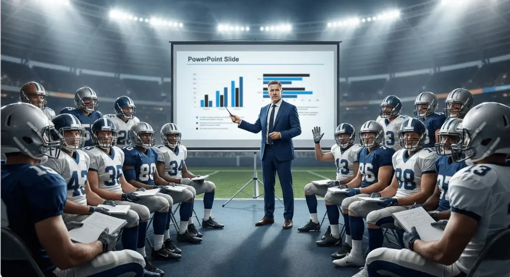 Football coach presenting implementation management strategy on PowerPoint slide to team.