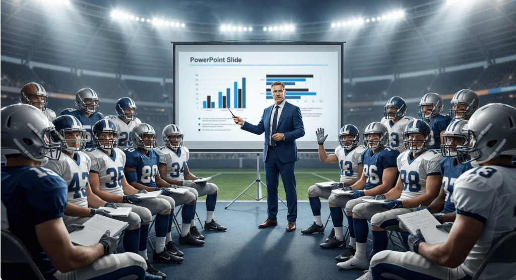 Football coach presenting strategy to players in stadium, with PowerPoint slide showing performance metrics.