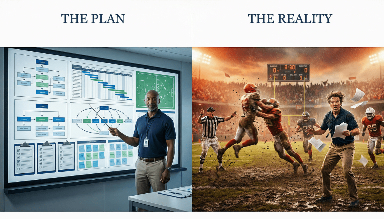 Man presenting a strategic plan on a digital display next to chaotic football scene, illustrating change management challenges.