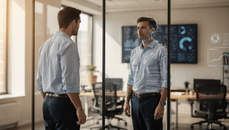 Man reflected in mirror with AI overlay illustrating oversight of agentic systems and managing AI transformation.