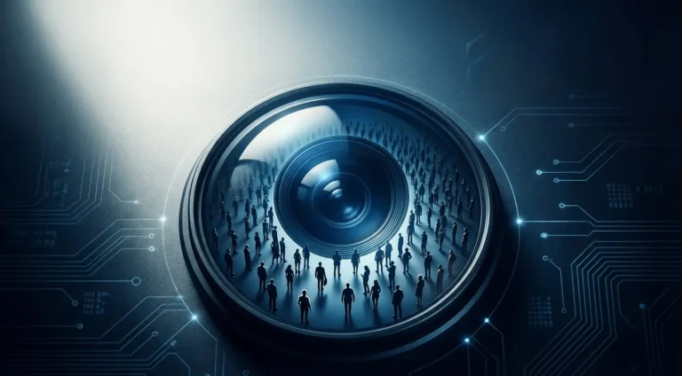 Illustration of AI surveillance and accountability showing a crowd of people inside a camera lens with digital circuitry