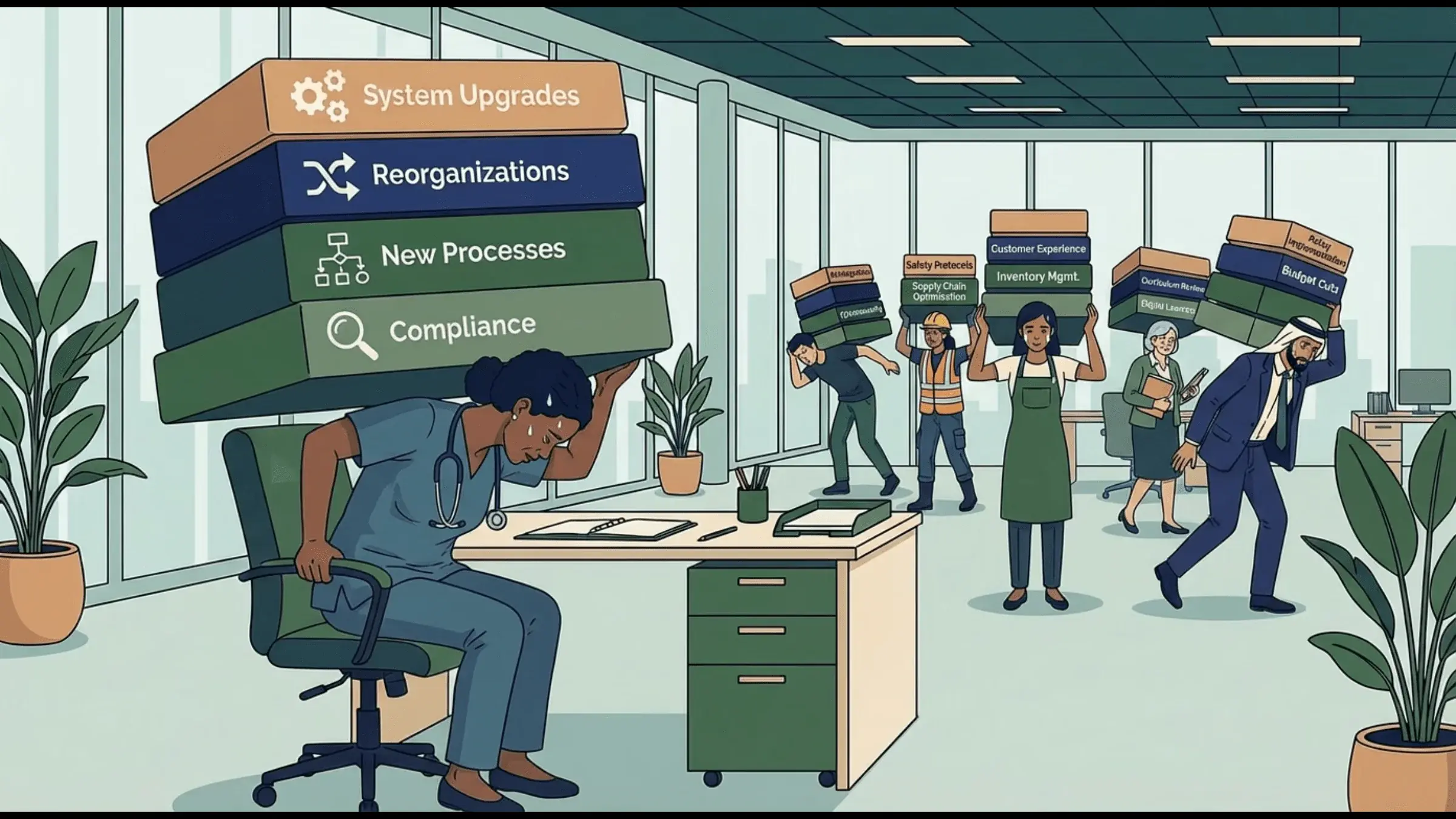 Office workers struggling under the weight of multiple change initiatives like system upgrades and reorganizations.