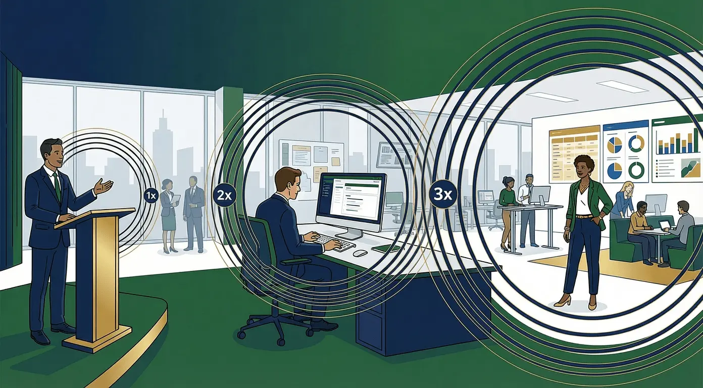 Business leaders presenting and engaging with teams in a modern office setting, emphasizing reinforcement in change management.