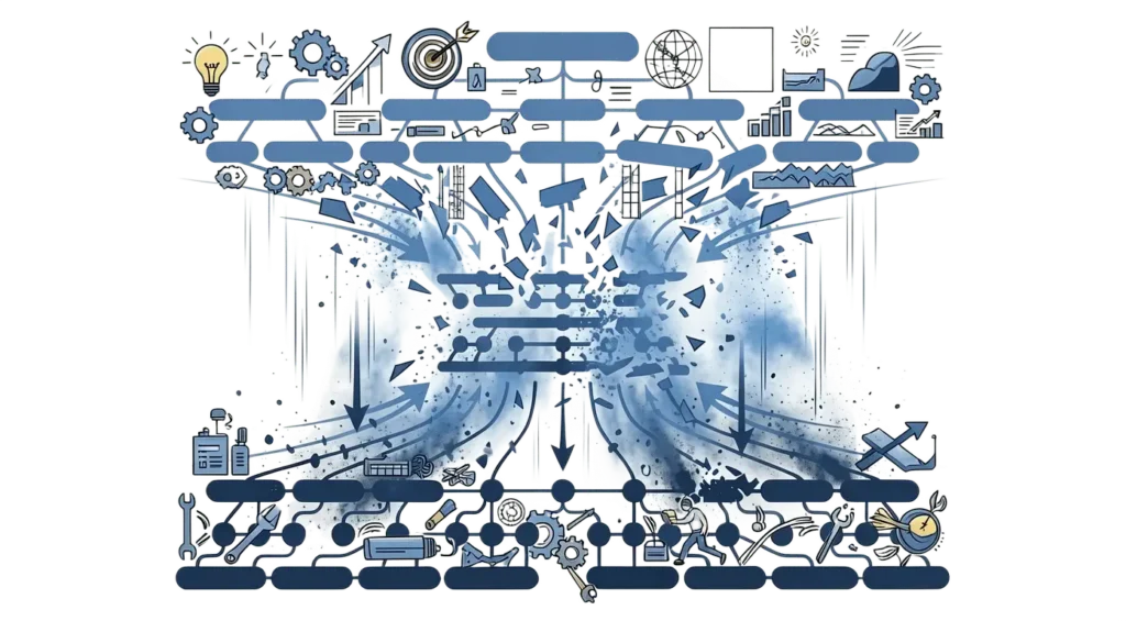 Visual representation of a collapsing organizational structure with arrows and icons illustrating disruption and change dynamics.