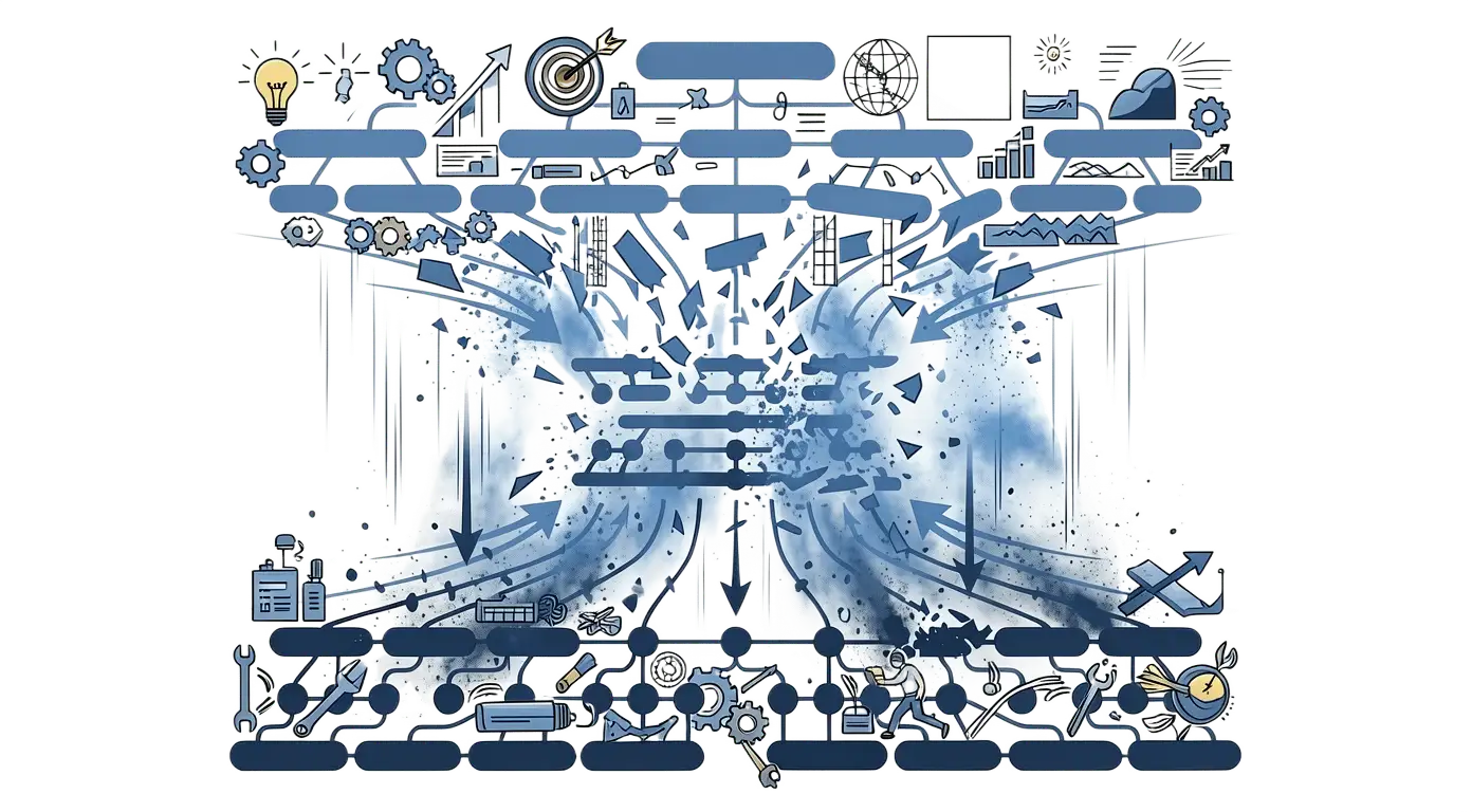 Graphic illustrating the concept of change management, featuring arrows, gears, and abstract elements symbolizing organizational dynamics and transformation.
