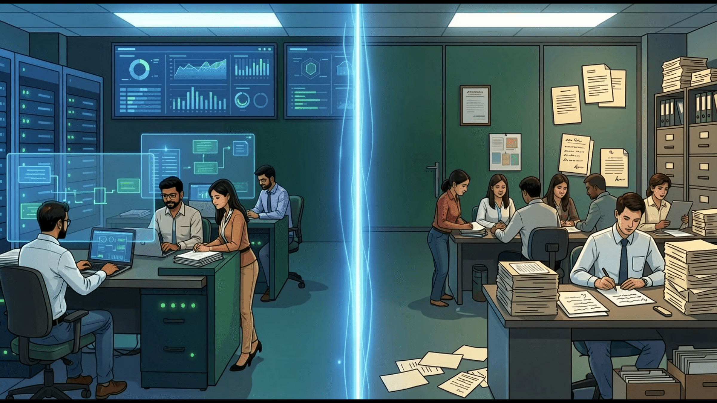 Illustration contrasting AI-driven data analysis team with traditional paperwork-focused group, highlighting AI change management.