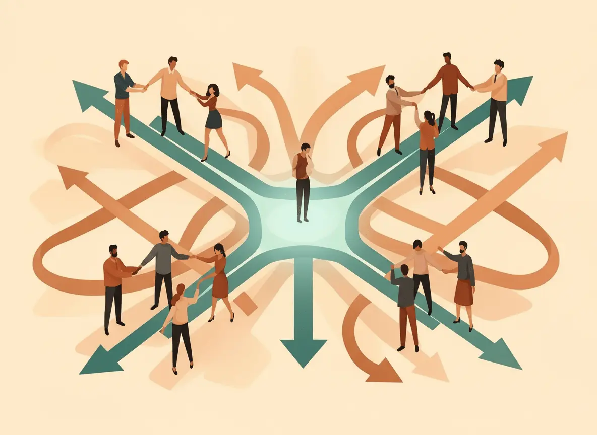 People navigating change with diverse perspectives and readiness gaps, illustrating implementation management challenges.