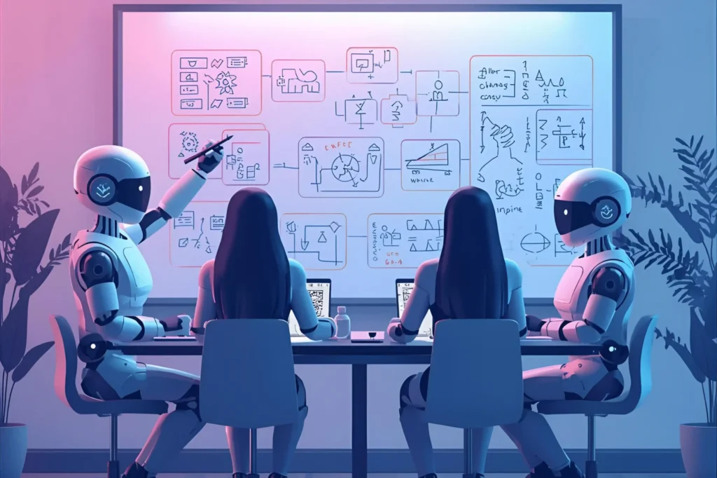 Robots and humans collaborating at a table, analyzing AI strategy diagrams on a whiteboard.