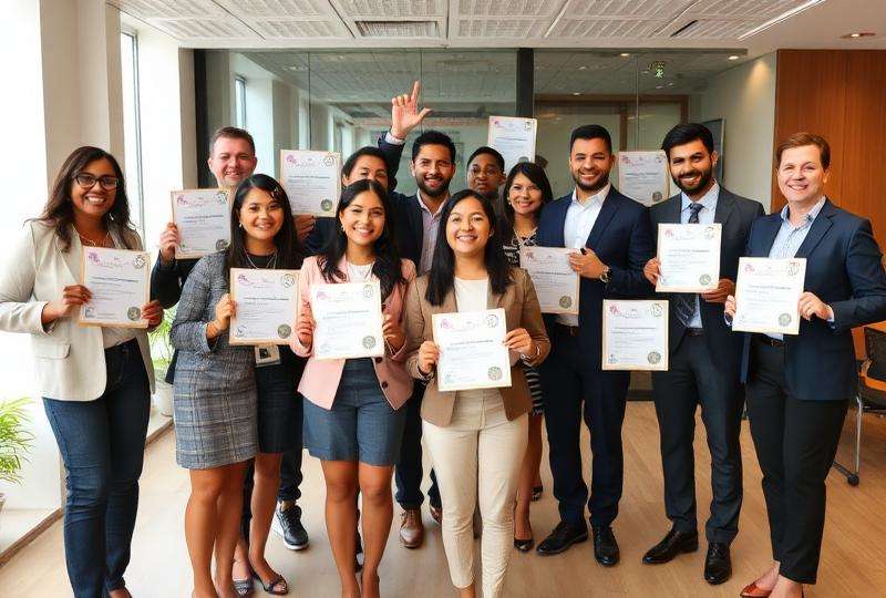 Group of diverse individuals proudly displaying their AIM certification achievements in a modern office setting.