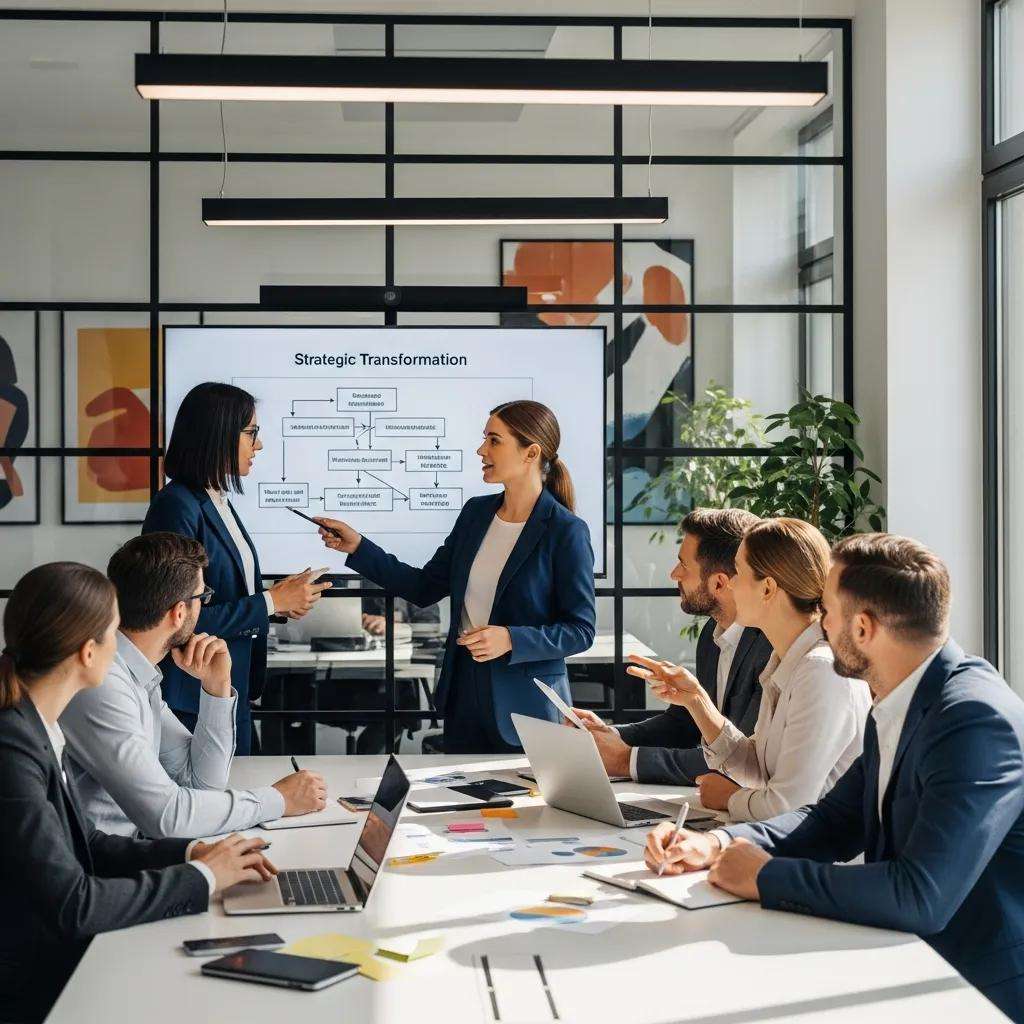 Business leaders collaborating on a change management strategy in a modern office