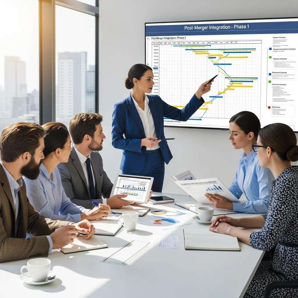 A leadership team around a boardroom table reviewing a post-merger integration plan on screen.