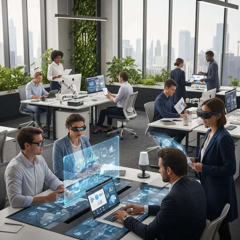 Diverse team collaborating in modern office with AI technology, illustrating managing AI transformation and implementation