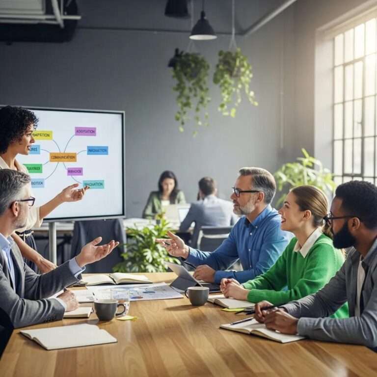 Diverse professionals collaborating in an office to overcome resistance to change