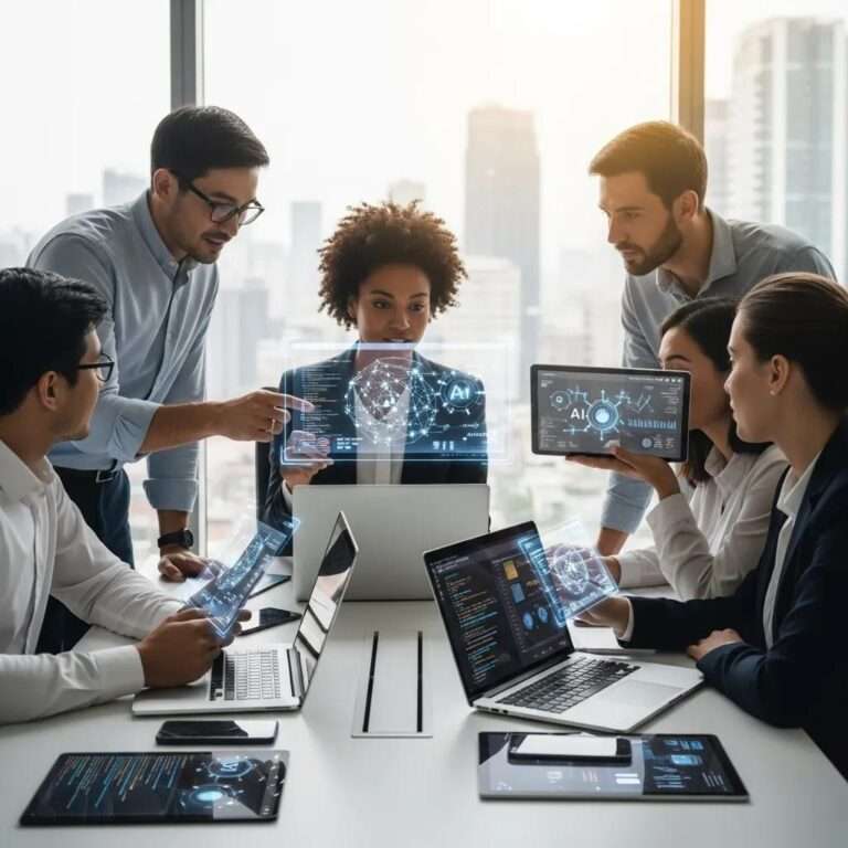 Diverse technology team assessing AI adoption readiness using the AIM framework on a digital dashboard