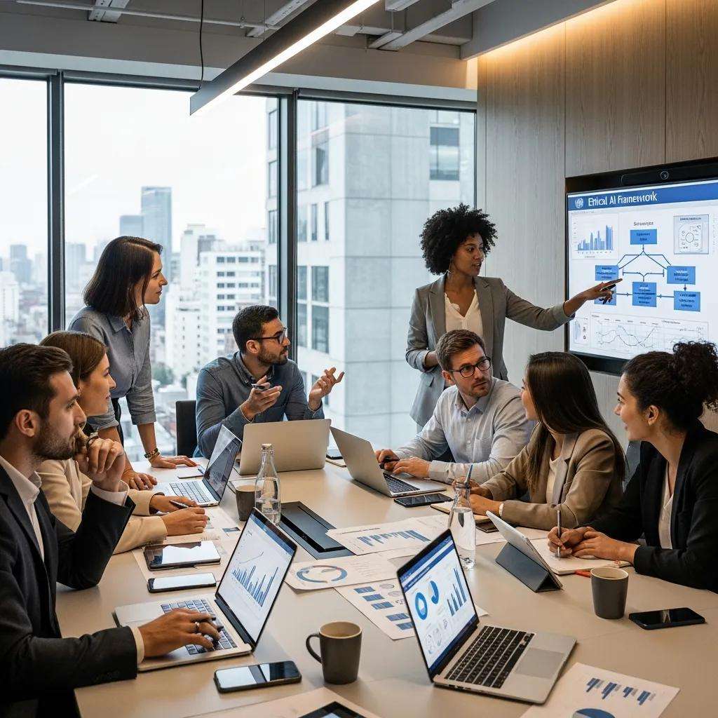 Diverse professionals collaborating on AI governance strategies in a modern conference room.