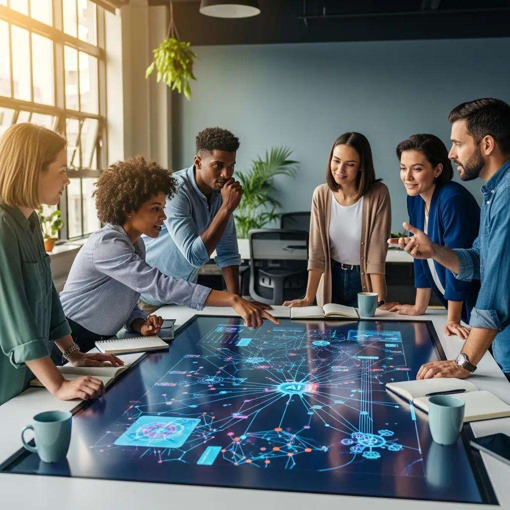 Diverse professionals collaborating on AI technology implementation around a digital display in a modern office setting.