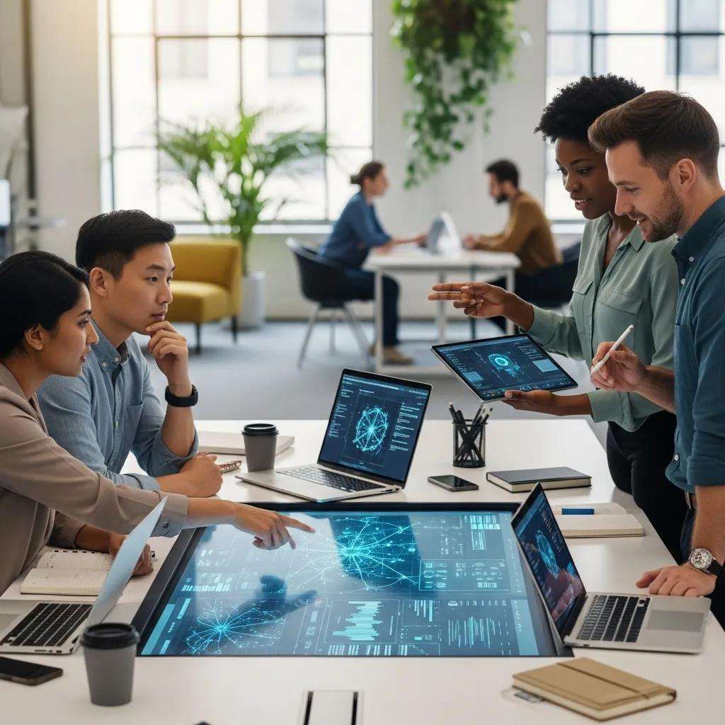 Diverse professionals collaborating on AI technology using interactive displays and laptops in a modern office setting.