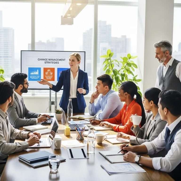 Diverse professionals collaborating on change management strategies and implementation management in a modern office, rethinking resistance to change.
