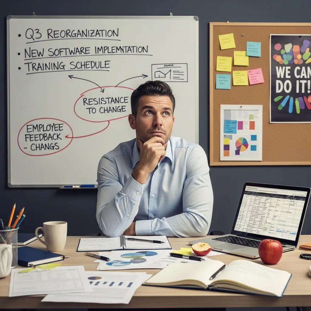 Employee contemplating change resistance in a challenging work environment, surrounded by charts and notes on organizational transformation.