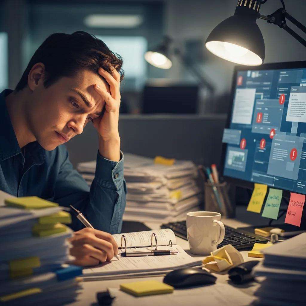 Employee experiencing psychological symptoms of change fatigue at a cluttered desk