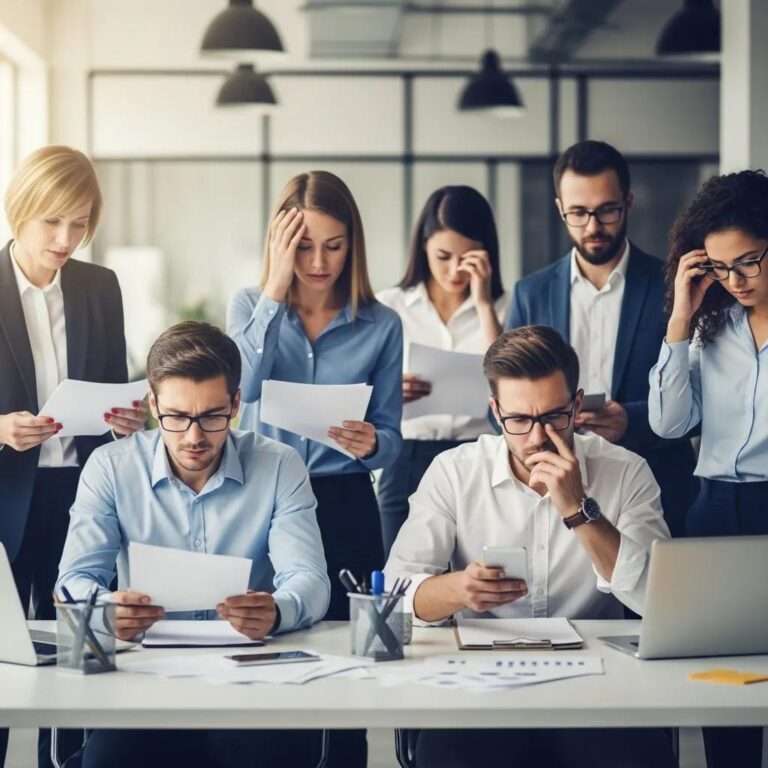 Employees showing signs of change fatigue in a modern office environment