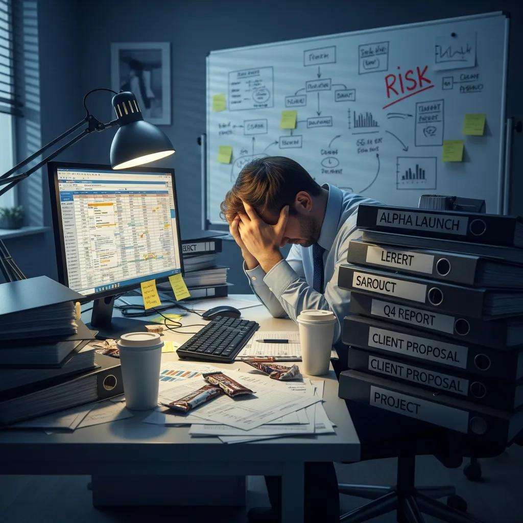 Frustrated employee in a cluttered office facing challenges from premature project completion and risk management.