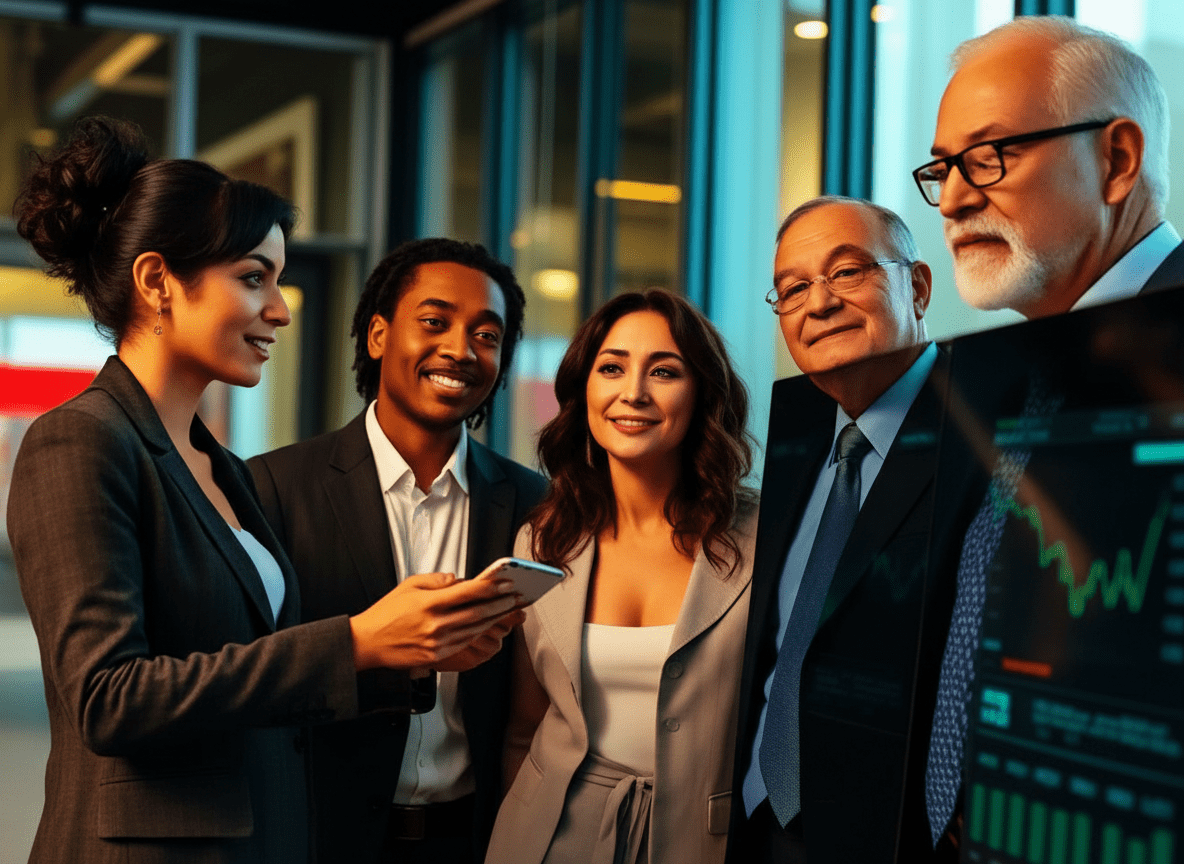 Group of business professionals discussing financial data on a smartphone in a modern office setting.