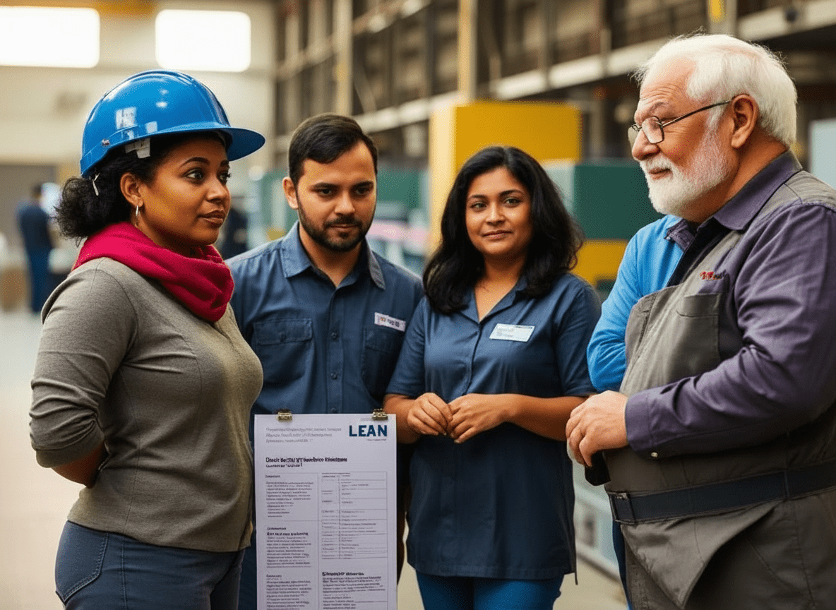 Group of professionals discussing lean transformation strategies in an industrial setting, with a focus on change management.