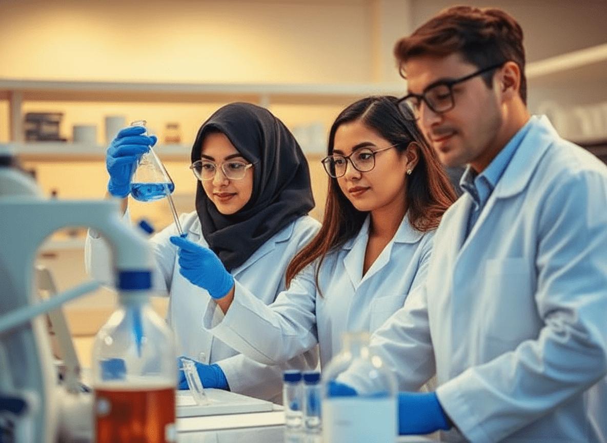 Three laboratory professionals in white coats conducting experiments with glassware and blue liquids in a research setting.