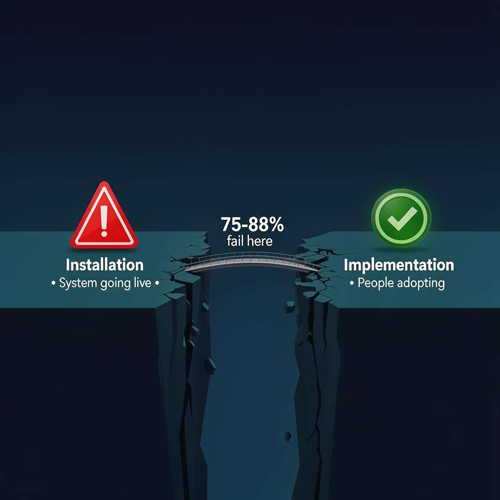 Illustration showing the gap between installation and implementation in change management, highlighting adoption challenges.