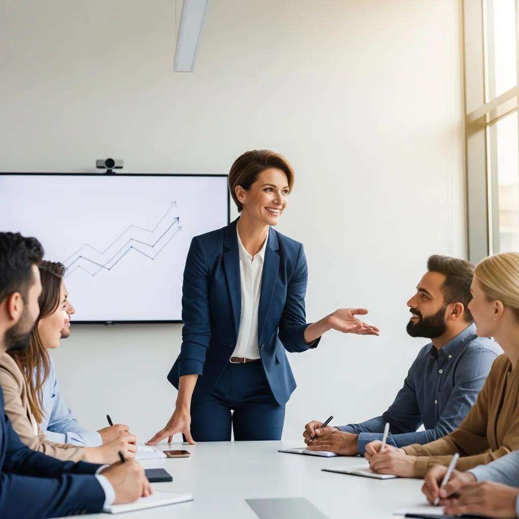 Leader engaging employees in a change management meeting, discussing strategies for user adoption and ongoing support.