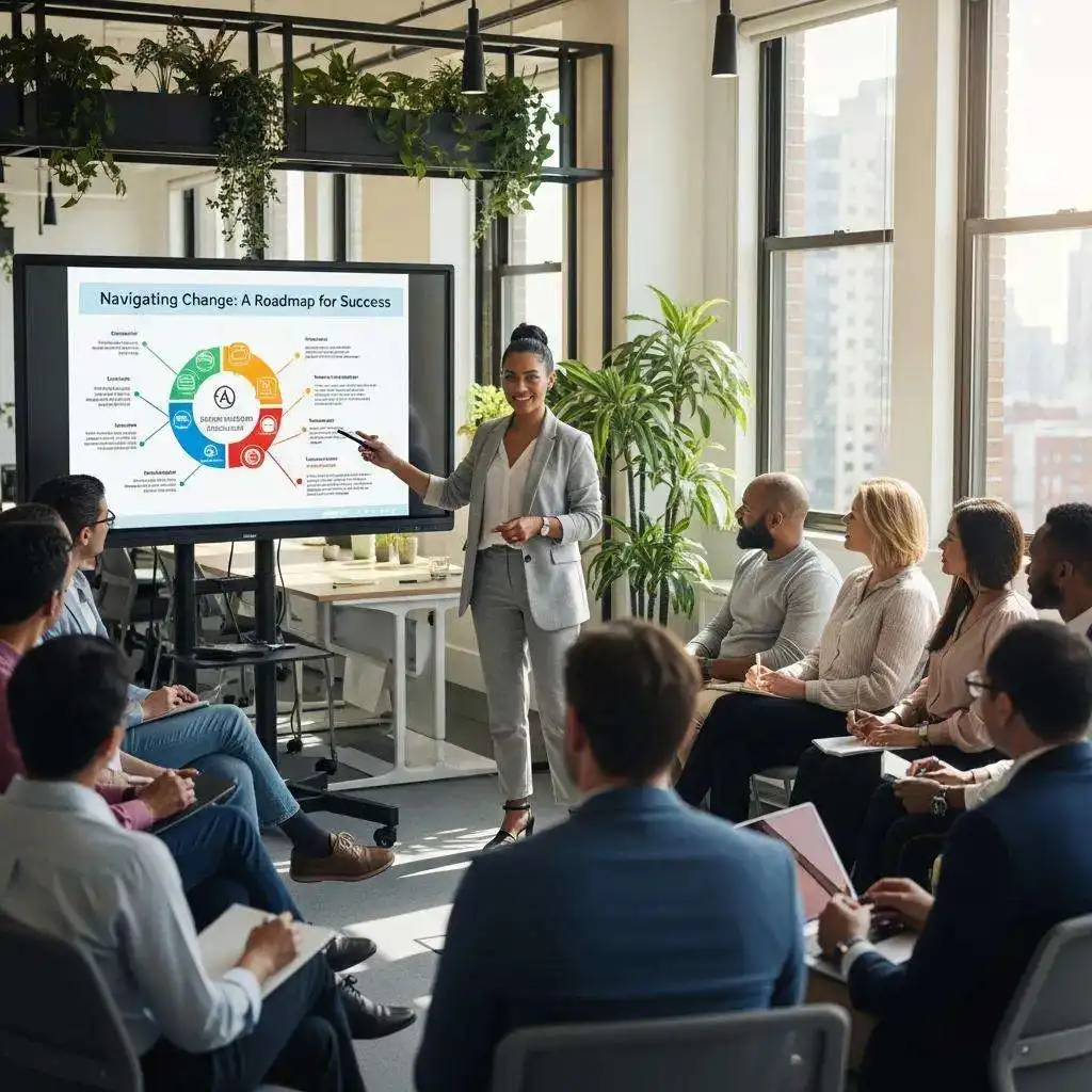 Leader presenting to engaged employees about change management strategies