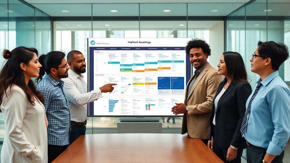 Consultant leading team through implementation roadmap on digital whiteboard