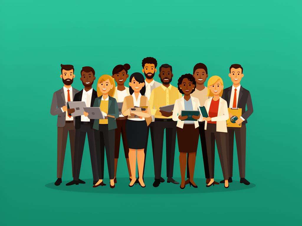 Diverse team of professionals holding tablets and documents, representing active leadership in organizational transformation.