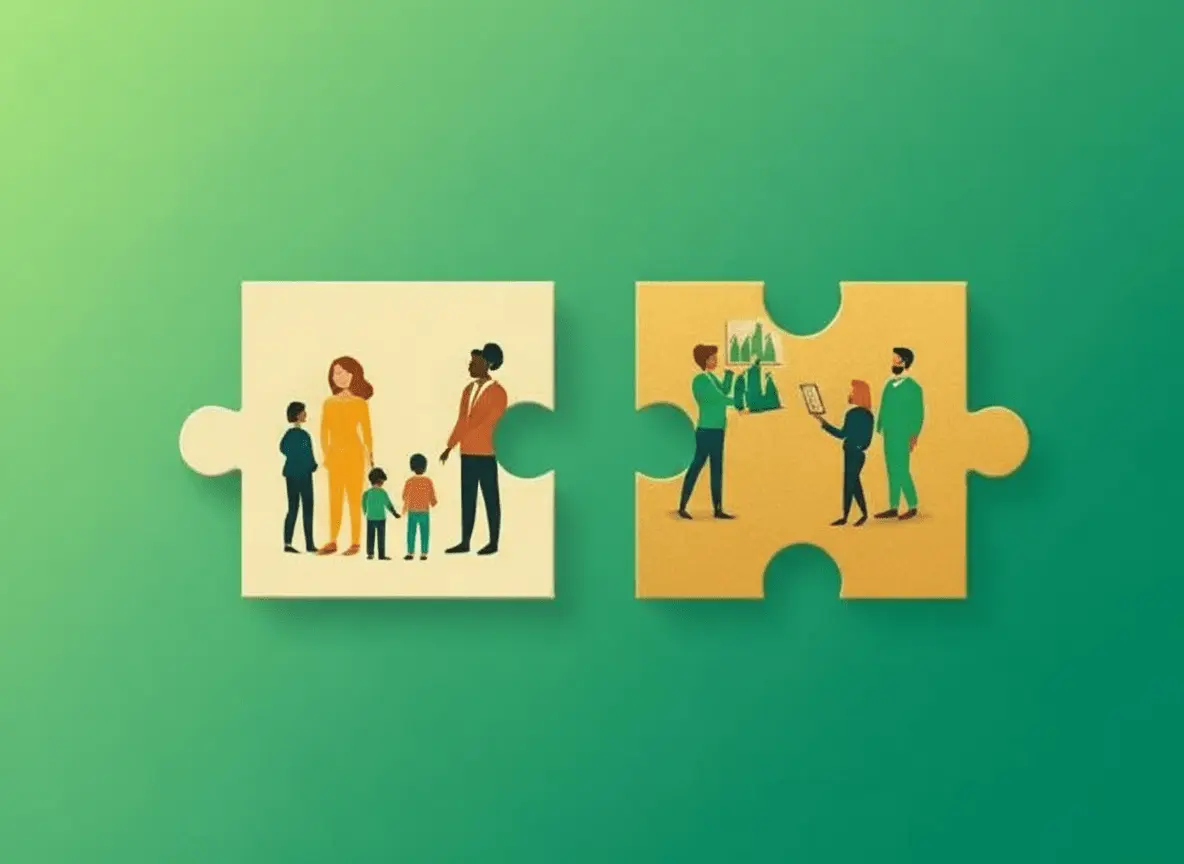 Puzzle pieces connecting teams and people, illustrating enterprise change management and AIM implementation.